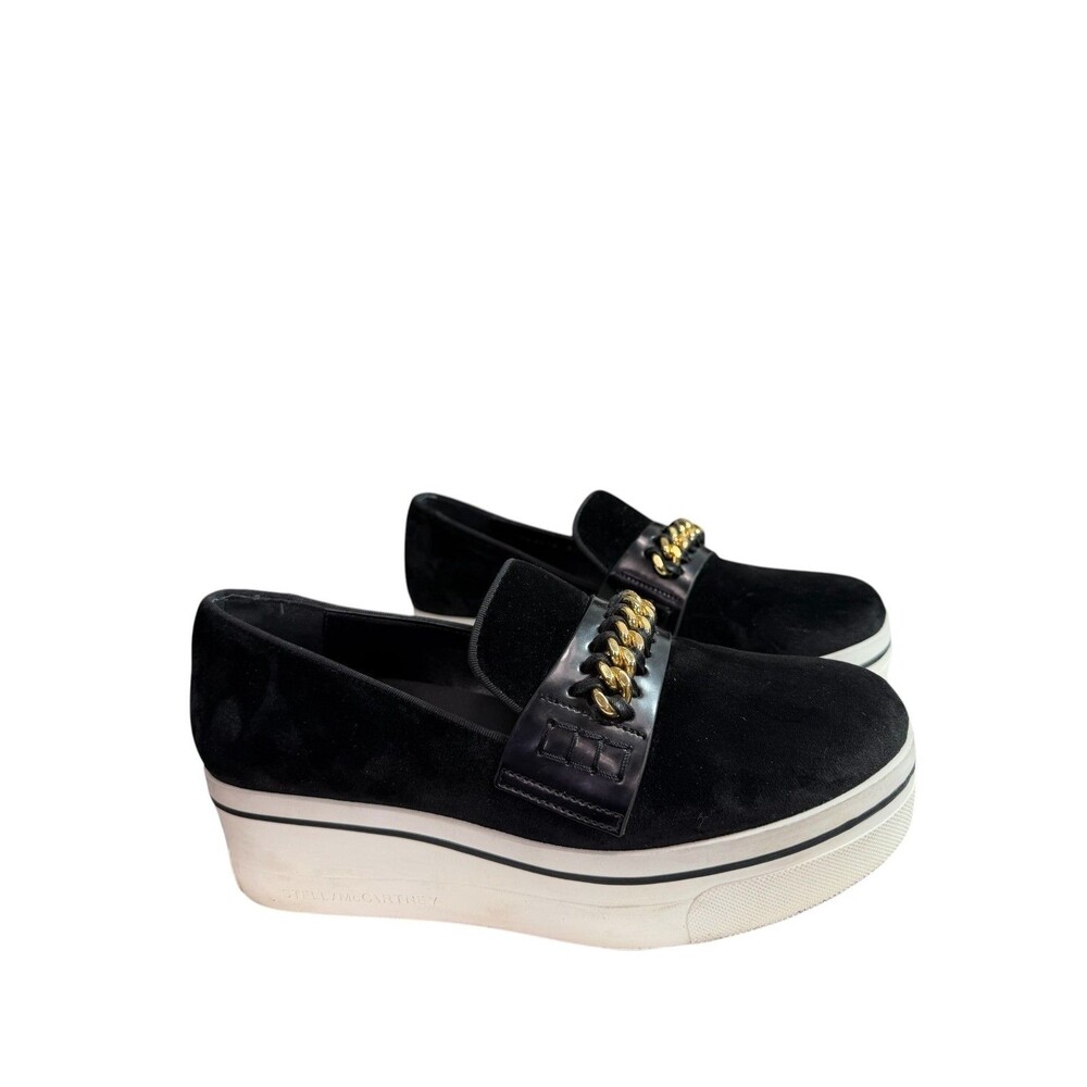 Black Platform Slip-On Loafers with Gold Chain Detail